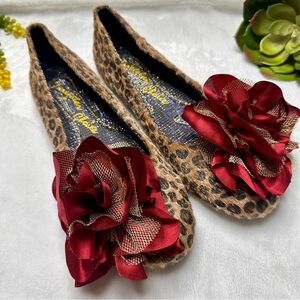 Irregular Choice John Lemon Leopard Print Big Red Flower Applique Ballet Flats